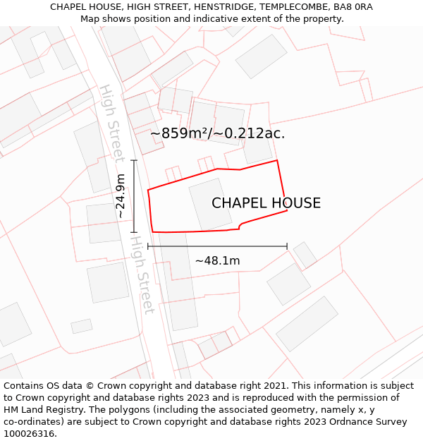 CHAPEL HOUSE, HIGH STREET, HENSTRIDGE, TEMPLECOMBE, BA8 0RA: Plot and title map
