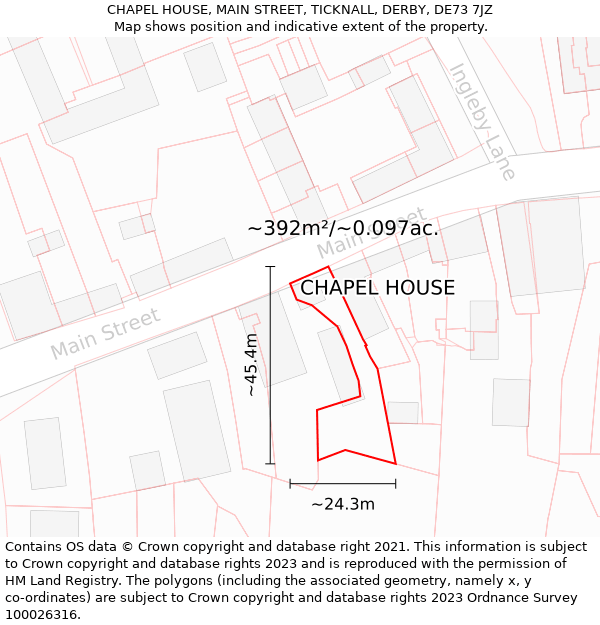 CHAPEL HOUSE, MAIN STREET, TICKNALL, DERBY, DE73 7JZ: Plot and title map