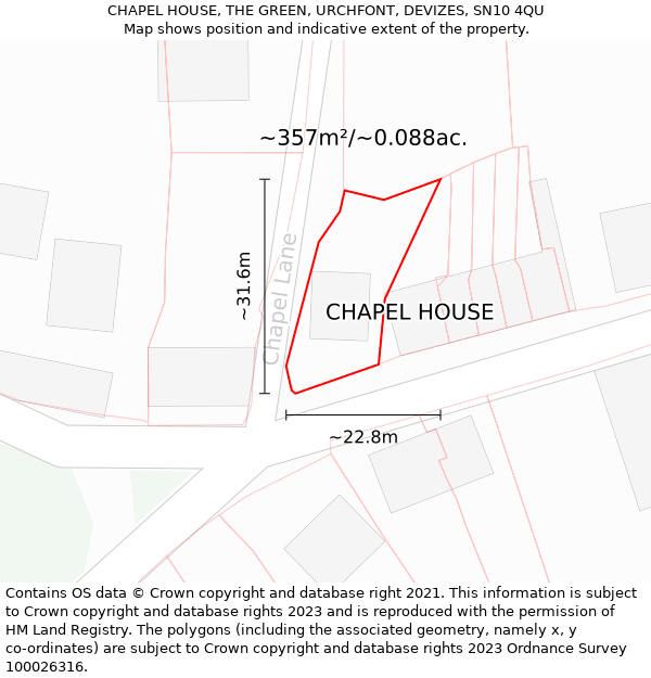 CHAPEL HOUSE, THE GREEN, URCHFONT, DEVIZES, SN10 4QU: Plot and title map