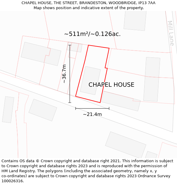CHAPEL HOUSE, THE STREET, BRANDESTON, WOODBRIDGE, IP13 7AA: Plot and title map