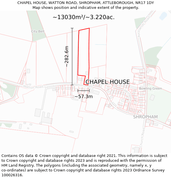 CHAPEL HOUSE, WATTON ROAD, SHROPHAM, ATTLEBOROUGH, NR17 1DY: Plot and title map