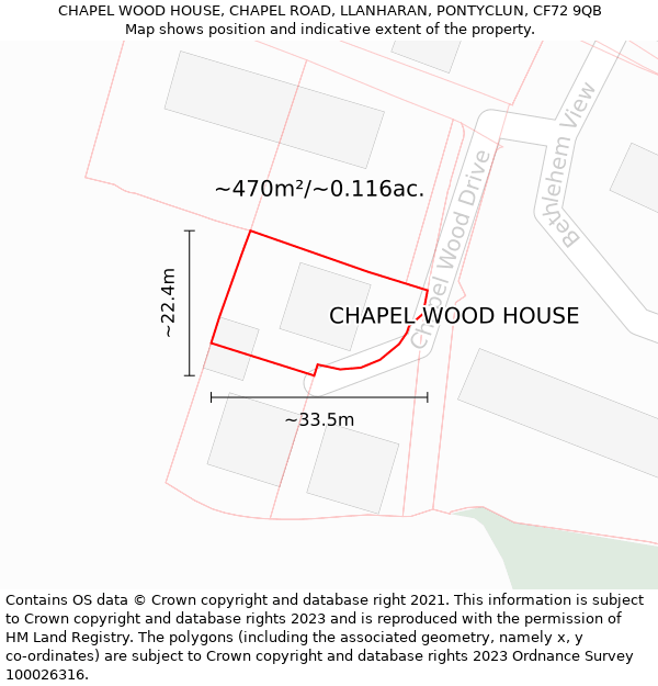 CHAPEL WOOD HOUSE, CHAPEL ROAD, LLANHARAN, PONTYCLUN, CF72 9QB: Plot and title map