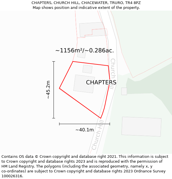 CHAPTERS, CHURCH HILL, CHACEWATER, TRURO, TR4 8PZ: Plot and title map