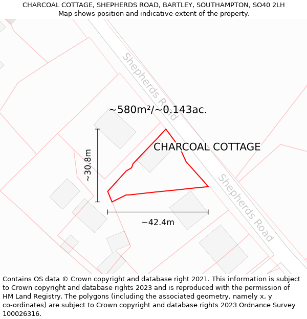 CHARCOAL COTTAGE, SHEPHERDS ROAD, BARTLEY, SOUTHAMPTON, SO40 2LH: Plot and title map