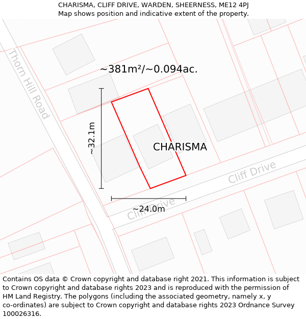 CHARISMA, CLIFF DRIVE, WARDEN, SHEERNESS, ME12 4PJ: Plot and title map