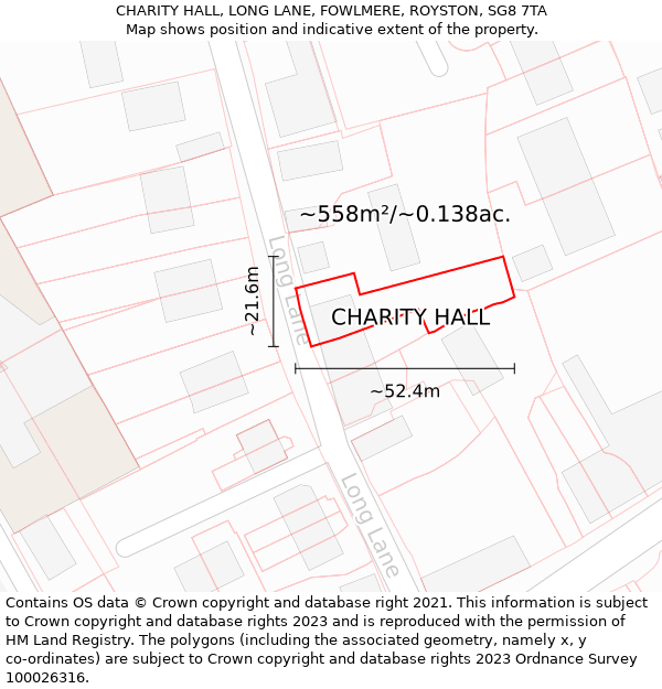 CHARITY HALL, LONG LANE, FOWLMERE, ROYSTON, SG8 7TA: Plot and title map