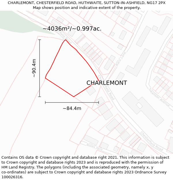 CHARLEMONT, CHESTERFIELD ROAD, HUTHWAITE, SUTTON-IN-ASHFIELD, NG17 2PX: Plot and title map