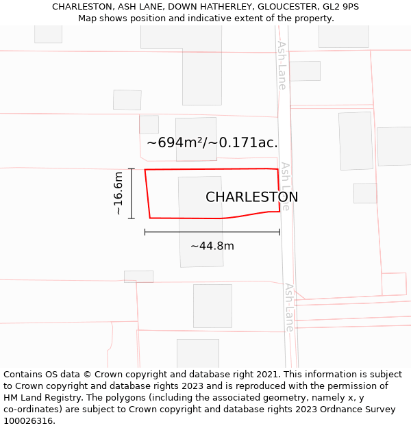 CHARLESTON, ASH LANE, DOWN HATHERLEY, GLOUCESTER, GL2 9PS: Plot and title map