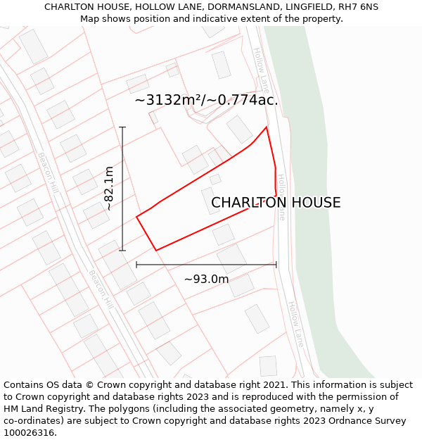 CHARLTON HOUSE, HOLLOW LANE, DORMANSLAND, LINGFIELD, RH7 6NS: Plot and title map