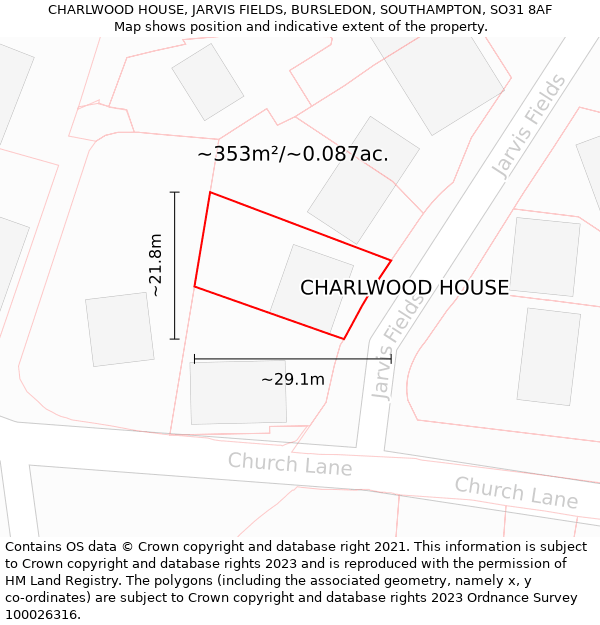 CHARLWOOD HOUSE, JARVIS FIELDS, BURSLEDON, SOUTHAMPTON, SO31 8AF: Plot and title map