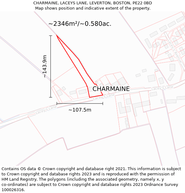 CHARMAINE, LACEYS LANE, LEVERTON, BOSTON, PE22 0BD: Plot and title map