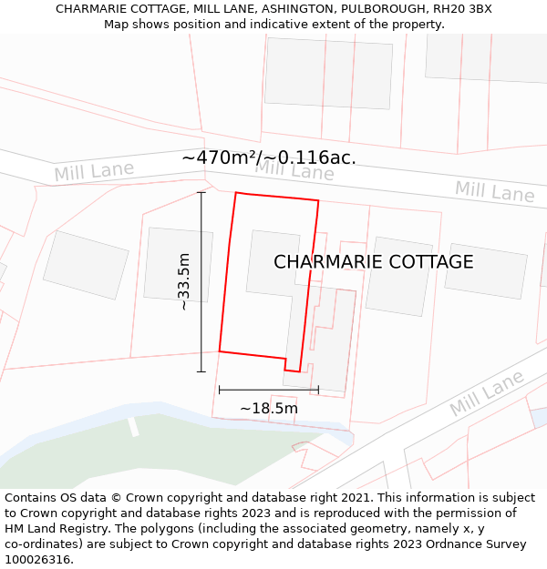 CHARMARIE COTTAGE, MILL LANE, ASHINGTON, PULBOROUGH, RH20 3BX: Plot and title map