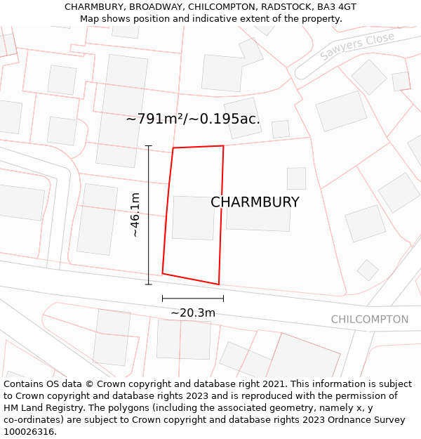 CHARMBURY, BROADWAY, CHILCOMPTON, RADSTOCK, BA3 4GT: Plot and title map