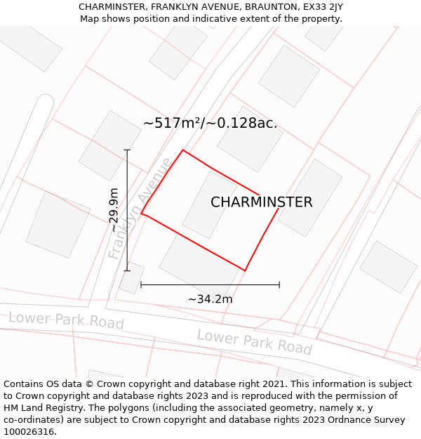 CHARMINSTER, FRANKLYN AVENUE, BRAUNTON, EX33 2JY: Plot and title map