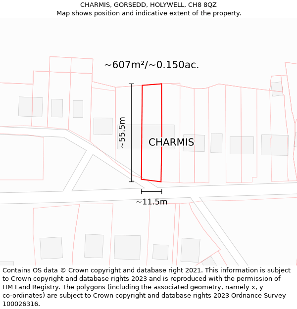 CHARMIS, GORSEDD, HOLYWELL, CH8 8QZ: Plot and title map