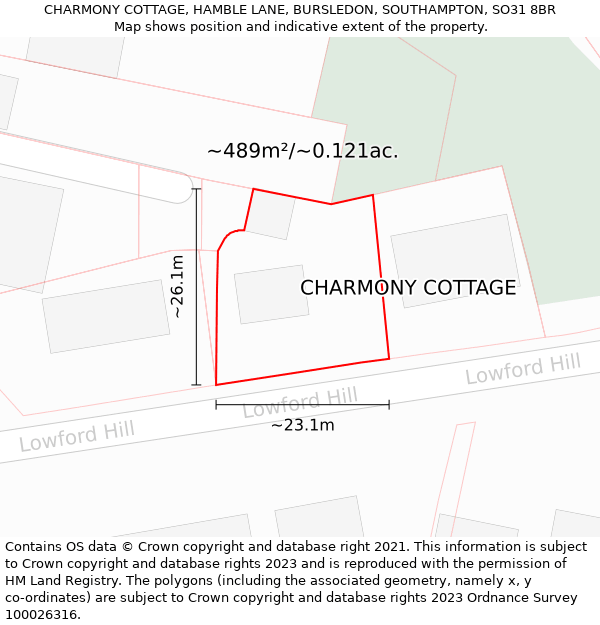 CHARMONY COTTAGE, HAMBLE LANE, BURSLEDON, SOUTHAMPTON, SO31 8BR: Plot and title map
