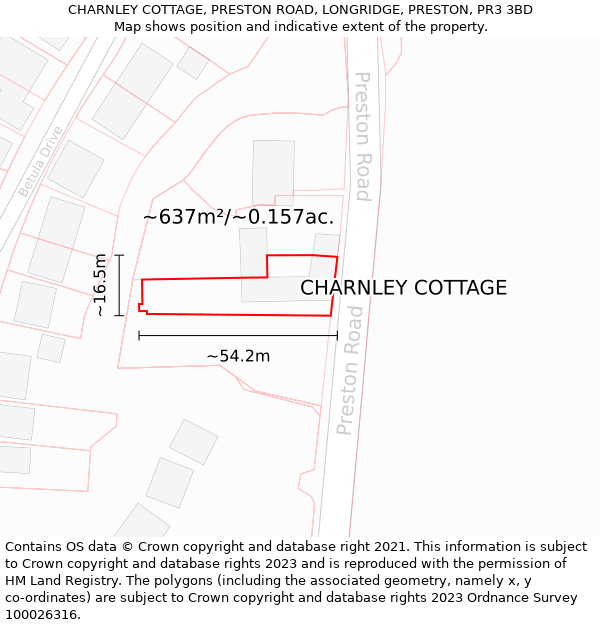 CHARNLEY COTTAGE, PRESTON ROAD, LONGRIDGE, PRESTON, PR3 3BD: Plot and title map
