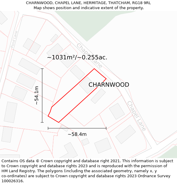 CHARNWOOD, CHAPEL LANE, HERMITAGE, THATCHAM, RG18 9RL: Plot and title map