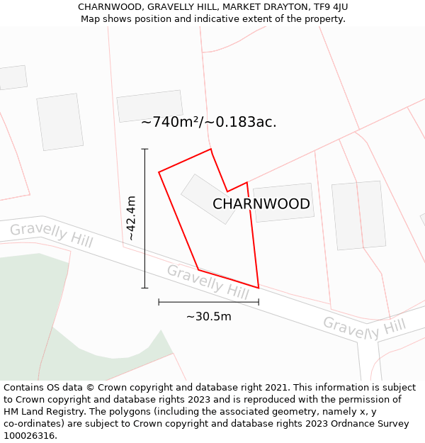 CHARNWOOD, GRAVELLY HILL, MARKET DRAYTON, TF9 4JU: Plot and title map