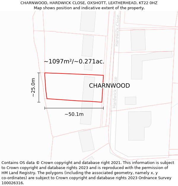 CHARNWOOD, HARDWICK CLOSE, OXSHOTT, LEATHERHEAD, KT22 0HZ: Plot and title map