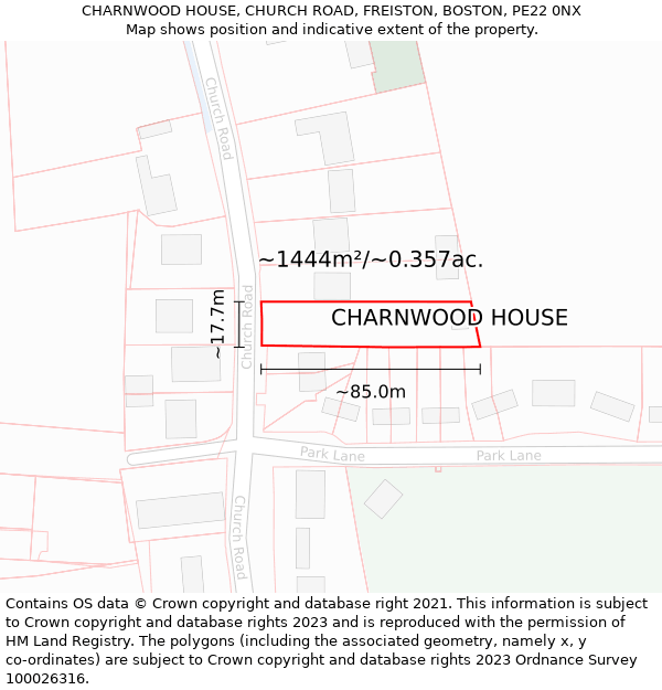 CHARNWOOD HOUSE, CHURCH ROAD, FREISTON, BOSTON, PE22 0NX: Plot and title map