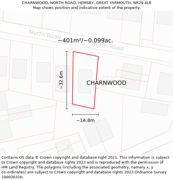 CHARNWOOD, NORTH ROAD, HEMSBY, GREAT YARMOUTH, NR29 4LR: Plot and title map