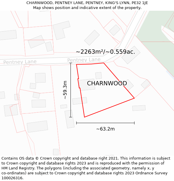 CHARNWOOD, PENTNEY LANE, PENTNEY, KING'S LYNN, PE32 1JE: Plot and title map