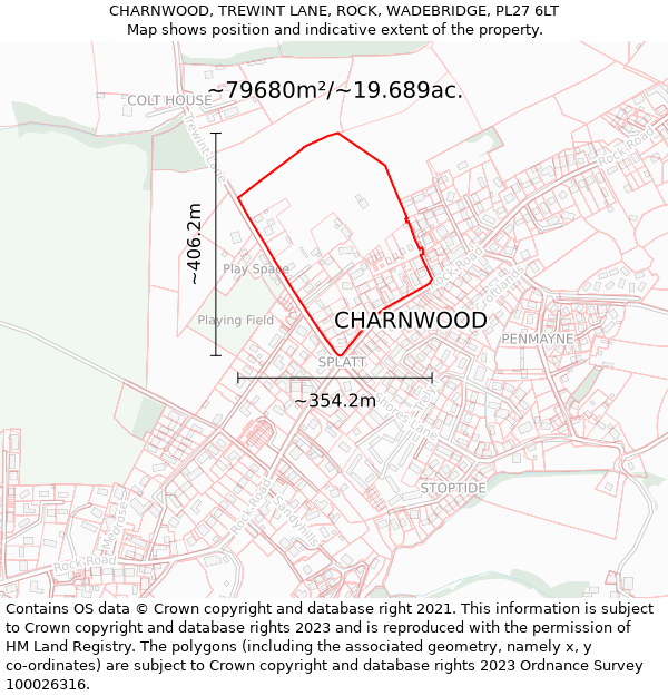 CHARNWOOD, TREWINT LANE, ROCK, WADEBRIDGE, PL27 6LT: Plot and title map