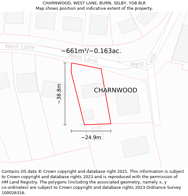 CHARNWOOD, WEST LANE, BURN, SELBY, YO8 8LR: Plot and title map