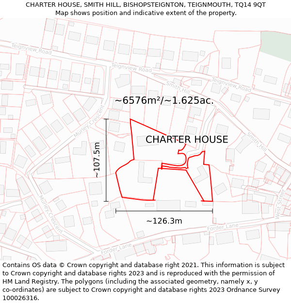 CHARTER HOUSE, SMITH HILL, BISHOPSTEIGNTON, TEIGNMOUTH, TQ14 9QT: Plot and title map