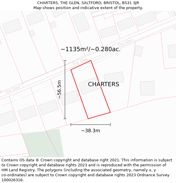 CHARTERS, THE GLEN, SALTFORD, BRISTOL, BS31 3JR: Plot and title map