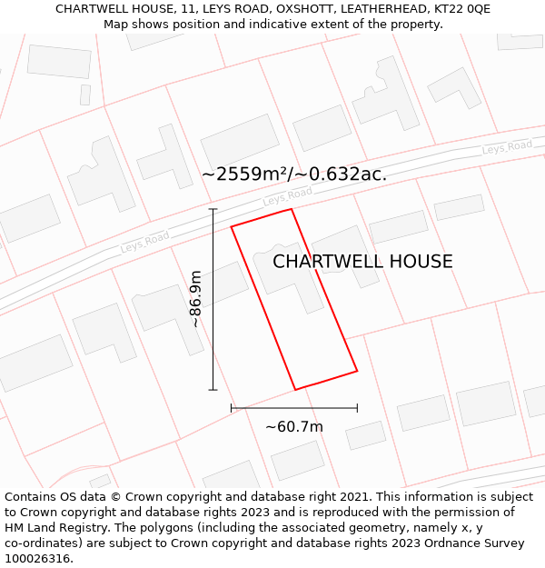 CHARTWELL HOUSE, 11, LEYS ROAD, OXSHOTT, LEATHERHEAD, KT22 0QE: Plot and title map