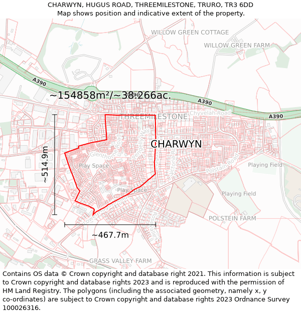 CHARWYN, HUGUS ROAD, THREEMILESTONE, TRURO, TR3 6DD: Plot and title map