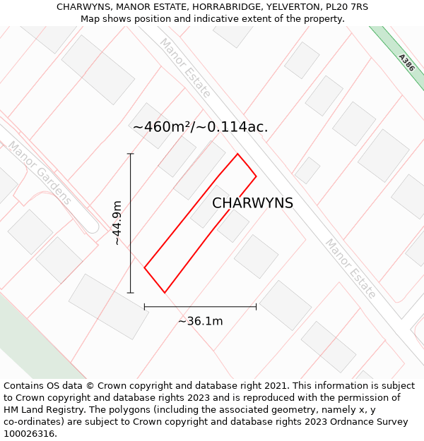 CHARWYNS, MANOR ESTATE, HORRABRIDGE, YELVERTON, PL20 7RS: Plot and title map