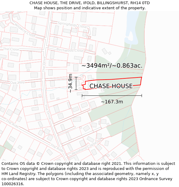 CHASE HOUSE, THE DRIVE, IFOLD, BILLINGSHURST, RH14 0TD: Plot and title map