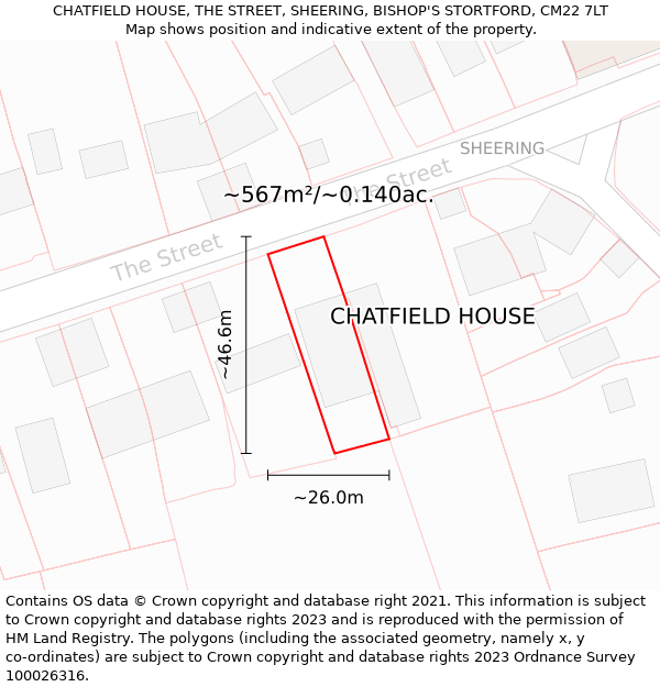 CHATFIELD HOUSE, THE STREET, SHEERING, BISHOP'S STORTFORD, CM22 7LT: Plot and title map