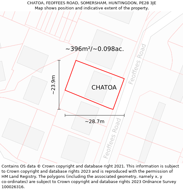 CHATOA, FEOFFEES ROAD, SOMERSHAM, HUNTINGDON, PE28 3JE: Plot and title map