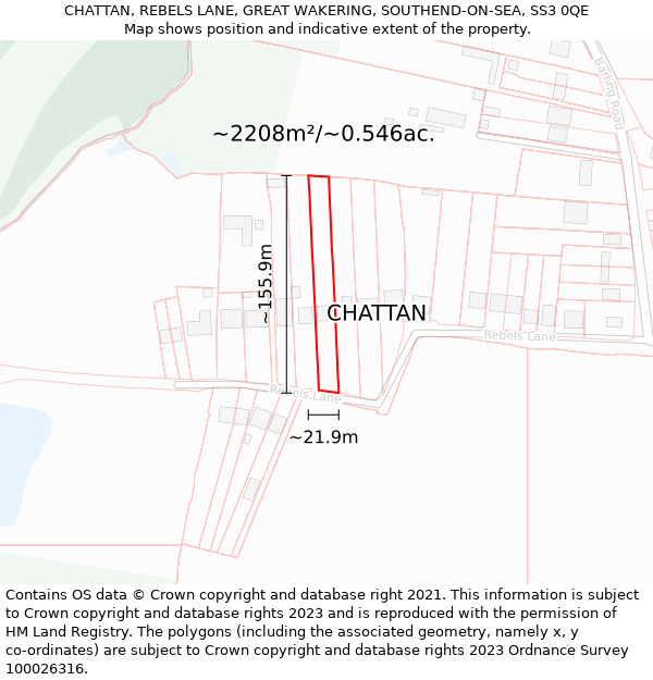 CHATTAN, REBELS LANE, GREAT WAKERING, SOUTHEND-ON-SEA, SS3 0QE: Plot and title map