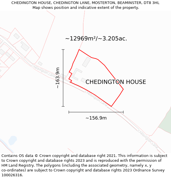 CHEDINGTON HOUSE, CHEDINGTON LANE, MOSTERTON, BEAMINSTER, DT8 3HL: Plot and title map