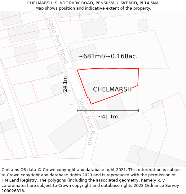 CHELMARSH, SLADE PARK ROAD, PENSILVA, LISKEARD, PL14 5NA: Plot and title map