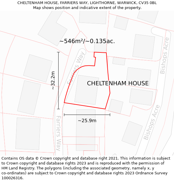 CHELTENHAM HOUSE, FARRIERS WAY, LIGHTHORNE, WARWICK, CV35 0BL: Plot and title map