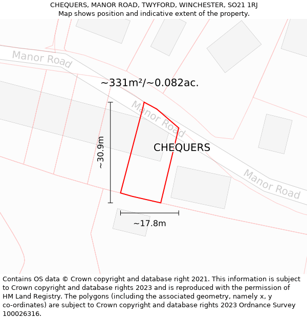 CHEQUERS, MANOR ROAD, TWYFORD, WINCHESTER, SO21 1RJ: Plot and title map