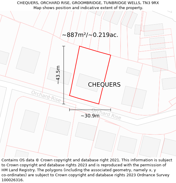 CHEQUERS, ORCHARD RISE, GROOMBRIDGE, TUNBRIDGE WELLS, TN3 9RX: Plot and title map