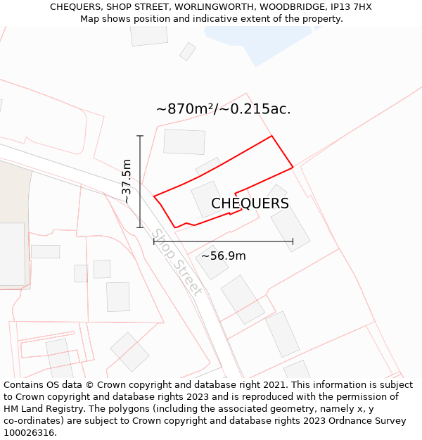 CHEQUERS, SHOP STREET, WORLINGWORTH, WOODBRIDGE, IP13 7HX: Plot and title map