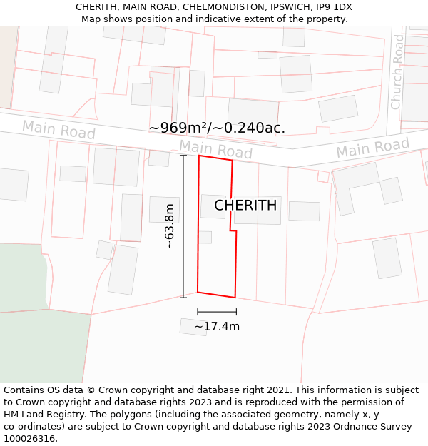 CHERITH, MAIN ROAD, CHELMONDISTON, IPSWICH, IP9 1DX: Plot and title map