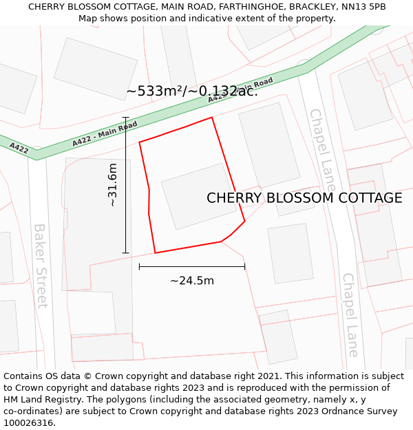 CHERRY BLOSSOM COTTAGE, MAIN ROAD, FARTHINGHOE, BRACKLEY, NN13 5PB: Plot and title map