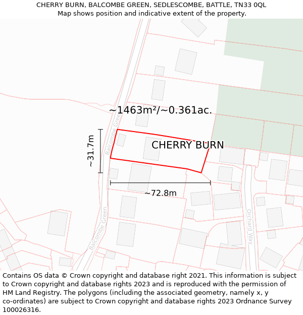 CHERRY BURN, BALCOMBE GREEN, SEDLESCOMBE, BATTLE, TN33 0QL: Plot and title map