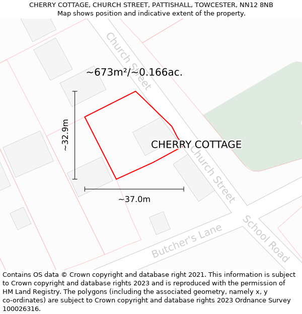 CHERRY COTTAGE, CHURCH STREET, PATTISHALL, TOWCESTER, NN12 8NB: Plot and title map