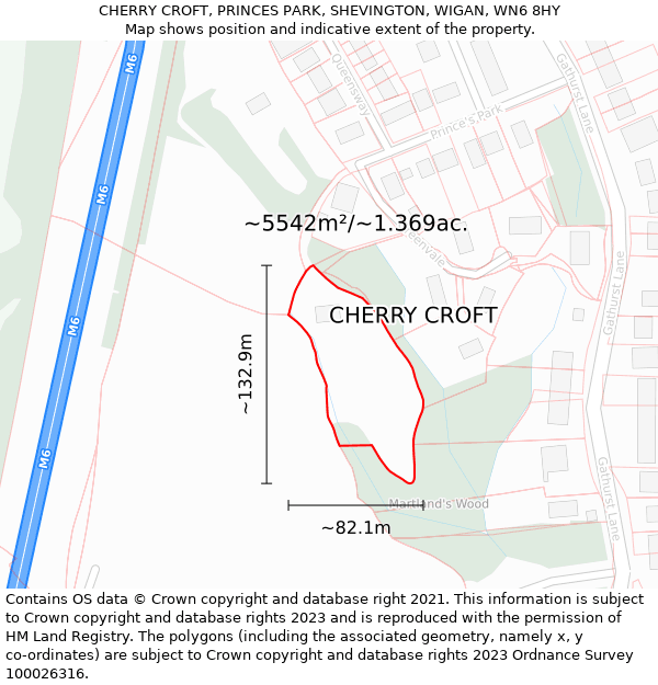 CHERRY CROFT, PRINCES PARK, SHEVINGTON, WIGAN, WN6 8HY: Plot and title map