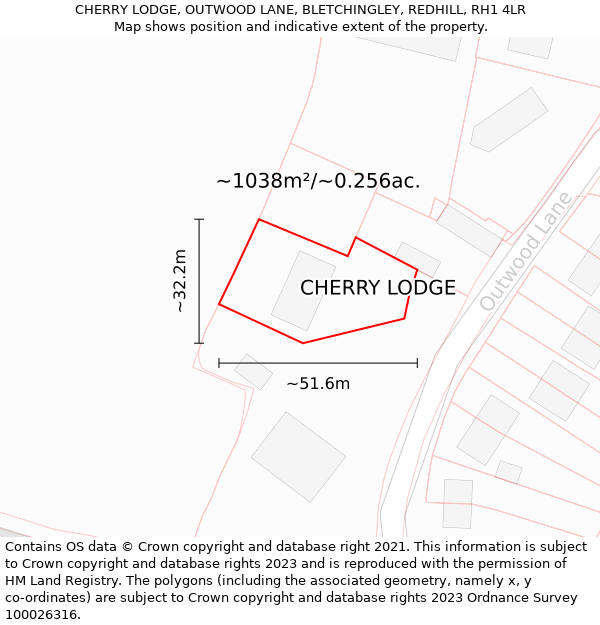 CHERRY LODGE, OUTWOOD LANE, BLETCHINGLEY, REDHILL, RH1 4LR: Plot and title map